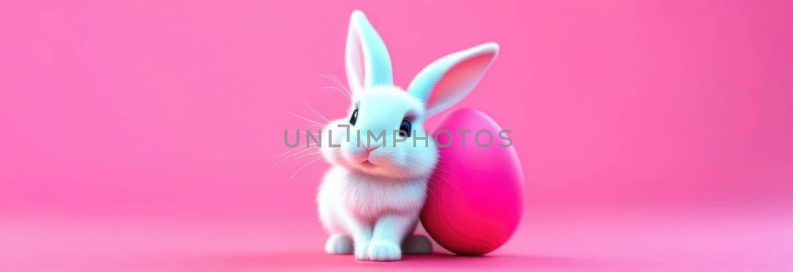 Happy Easter banner with cute Easter bunny hatching from pink Easter egg on pastel pink background. Illustration of Easter rabbit sitting in cracked eggshell. Happy Easter greeting card. Copy space