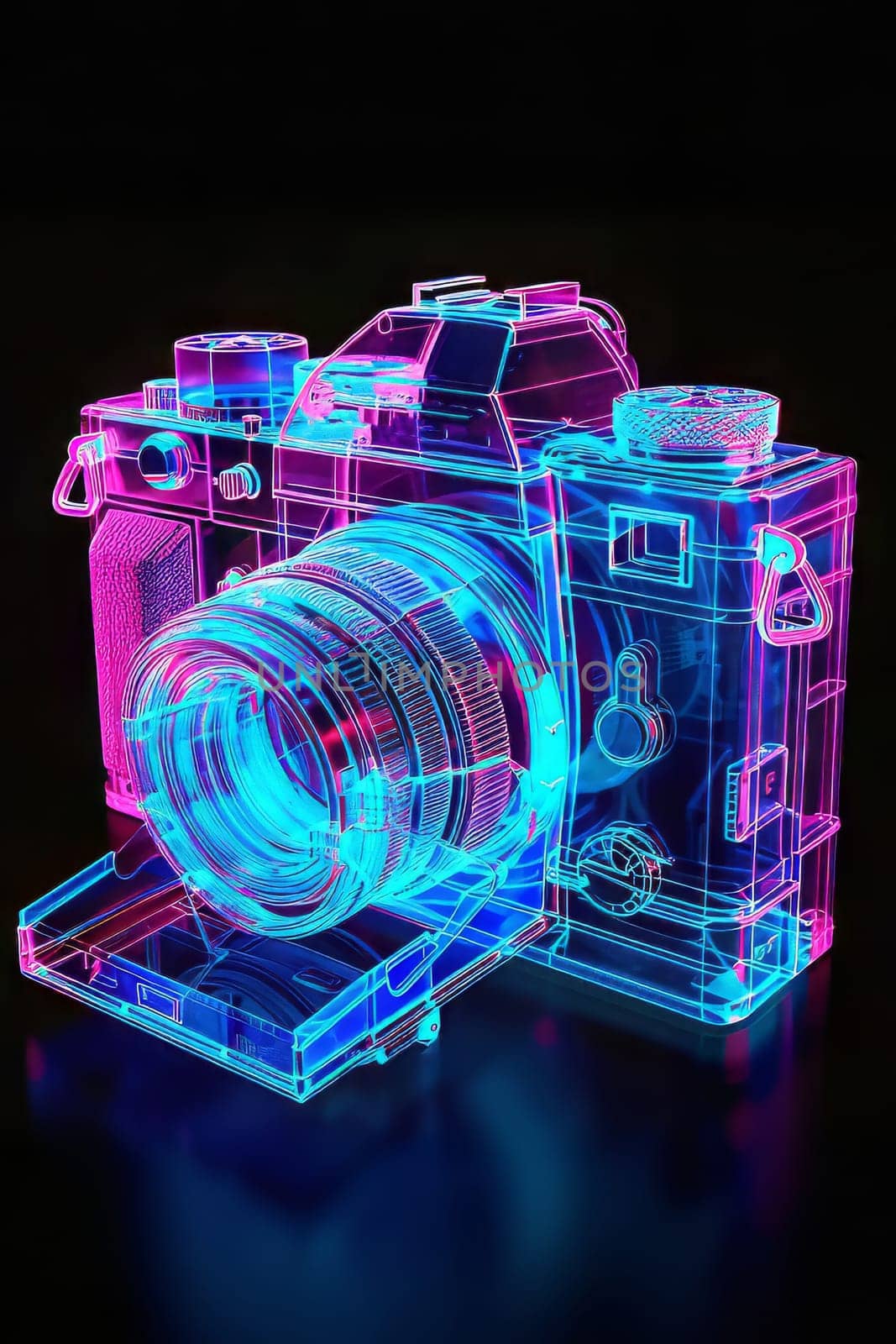 Futuristic neon-lit transparent analog camera in isometric view, blending vintage charm with modern aesthetics.