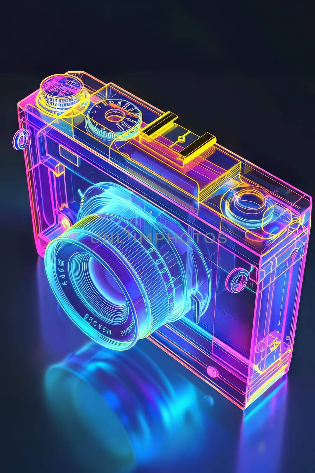 Futuristic neon-lit transparent analog camera in isometric view, blending vintage charm with modern aesthetics.