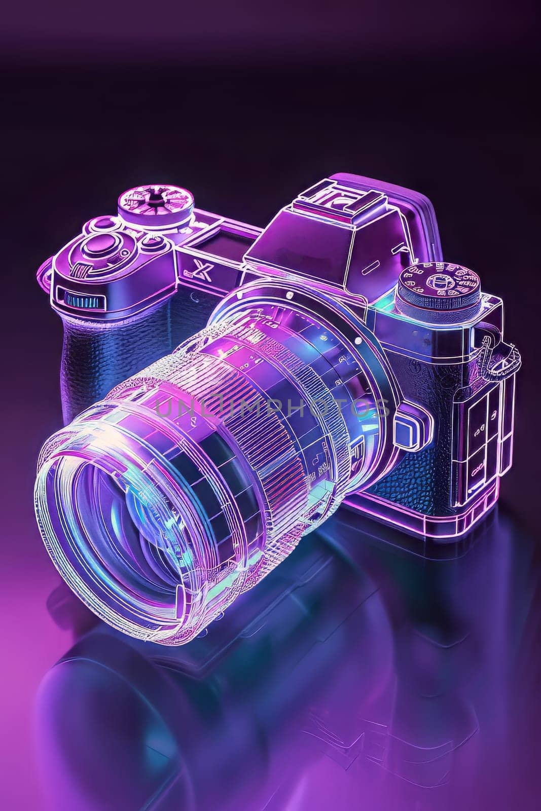 Futuristic neon-lit transparent analog camera in isometric view, blending vintage charm with modern aesthetics.