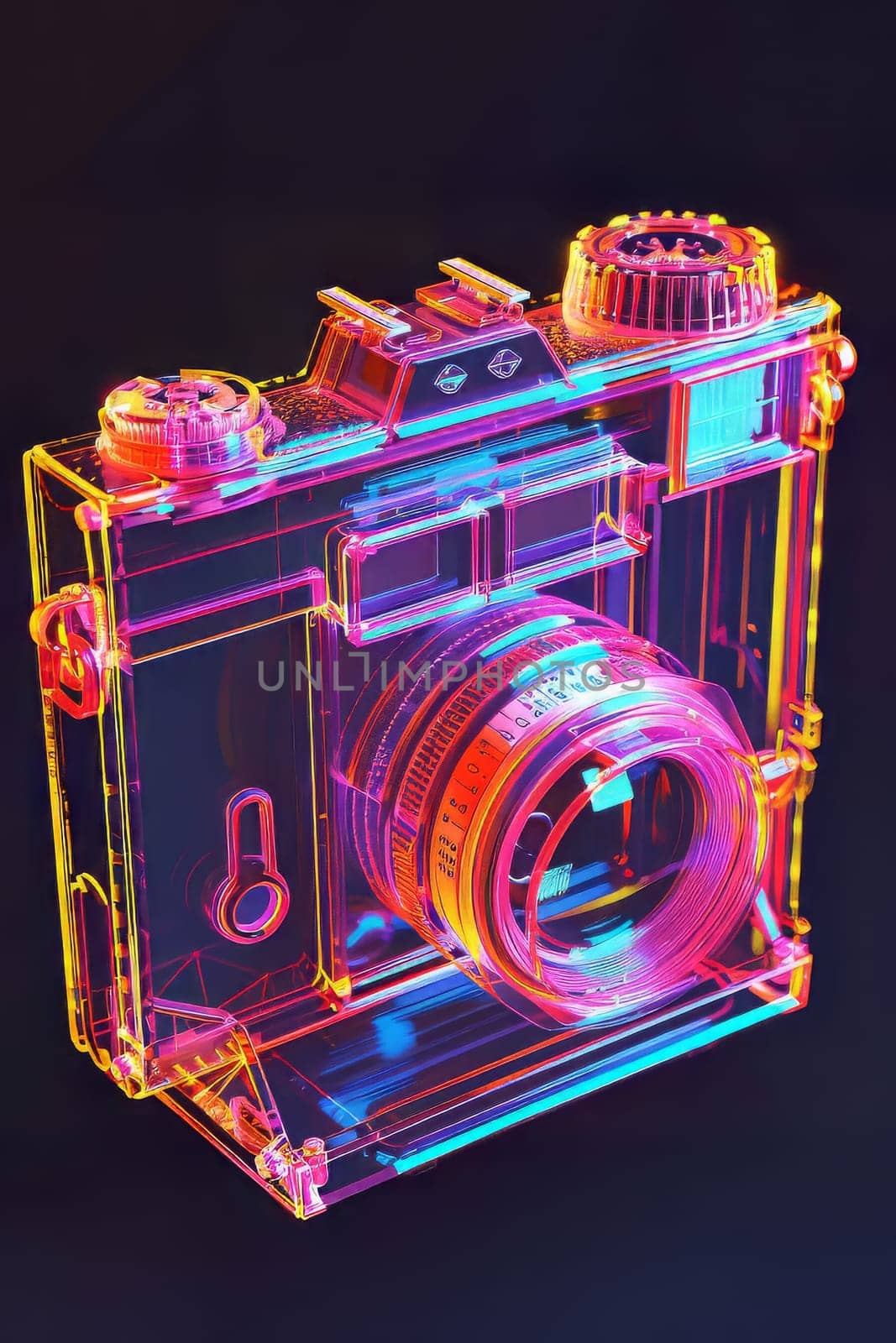 Futuristic neon-lit transparent analog camera in isometric view, blending vintage charm with modern aesthetics.