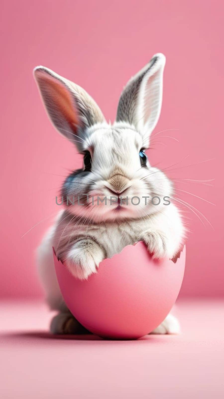 Happy Easter banner with cute Easter bunny hatching from pink Easter egg on pastel pink background. Illustration of Easter rabbit sitting in cracked eggshell. Happy Easter greeting card. Copy space