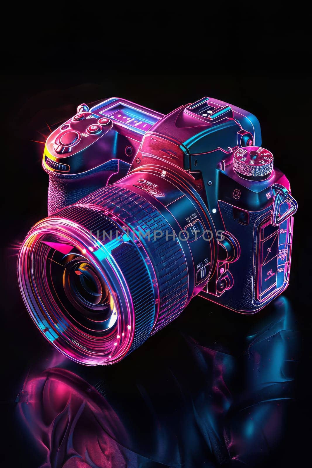 Futuristic neon-lit transparent analog camera in isometric view, blending vintage charm with modern aesthetics.