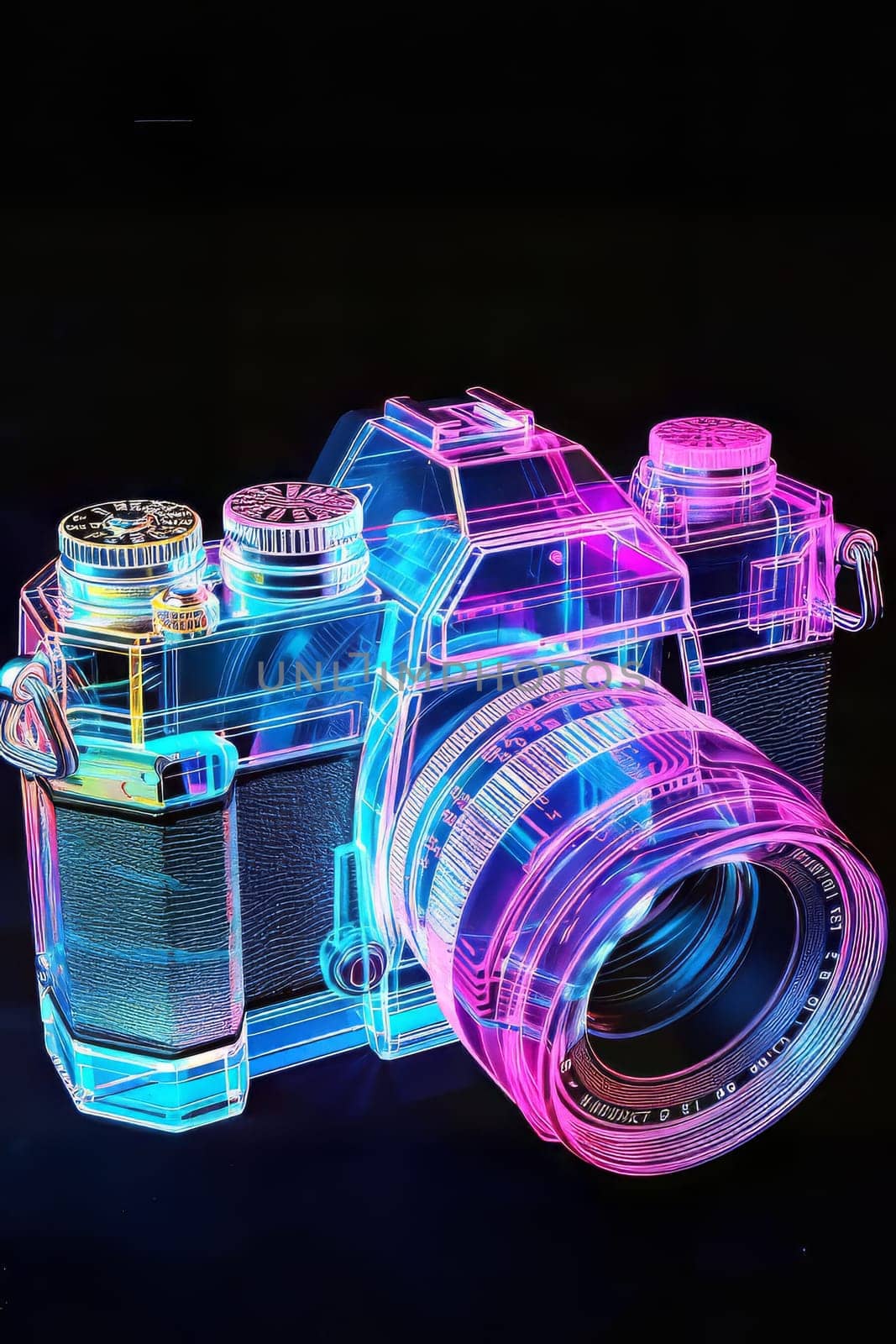 Futuristic neon-lit transparent analog camera in isometric view, blending vintage charm with modern aesthetics.