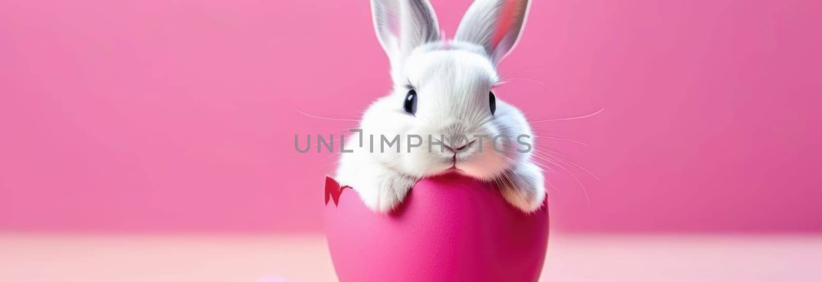 Happy Easter banner with cute Easter bunny hatching from pink Easter egg on pastel pink background. Illustration of Easter rabbit sitting in cracked eggshell. Happy Easter greeting card. Copy space