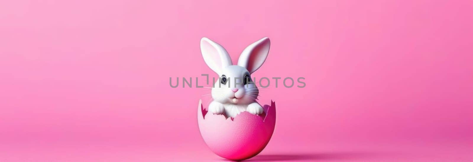 Happy Easter banner with cute Easter bunny hatching from pink Easter egg on pastel pink background. Illustration of Easter rabbit sitting in cracked eggshell. Happy Easter greeting card. Copy space