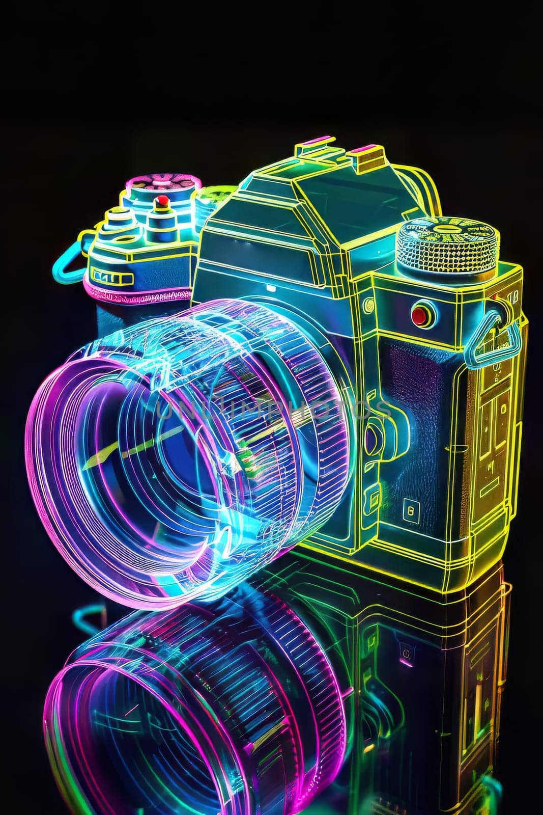 Futuristic neon-lit transparent analog camera in isometric view, blending vintage charm with modern aesthetics.