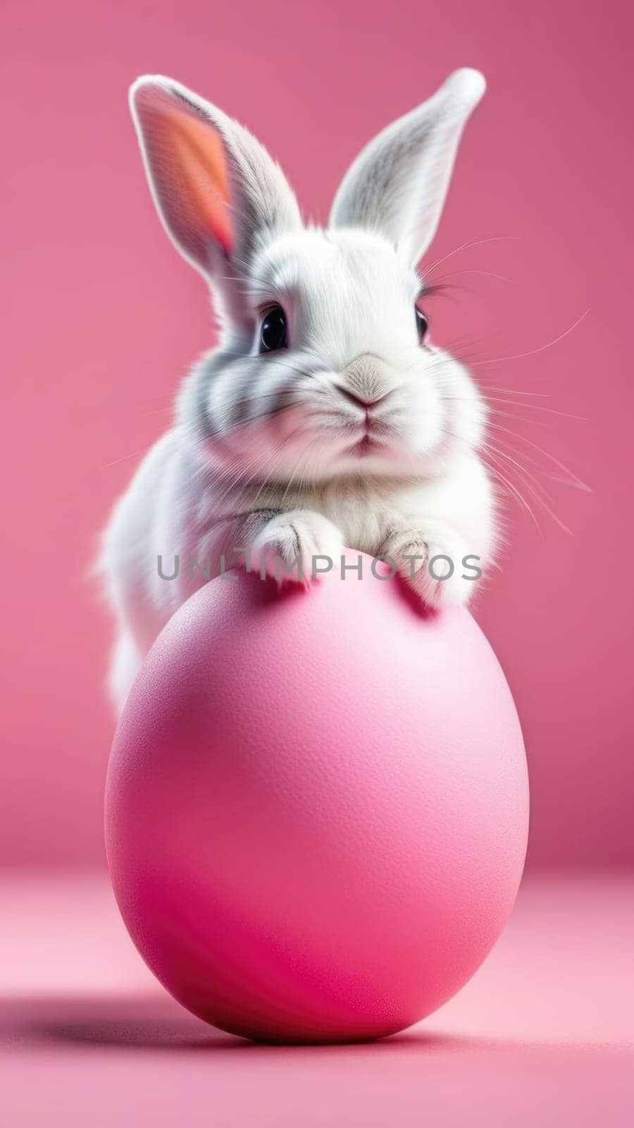 Happy Easter banner with cute Easter bunny hatching from pink Easter egg on pastel pink background. Illustration of Easter rabbit sitting in cracked eggshell. Happy Easter greeting card. Copy space