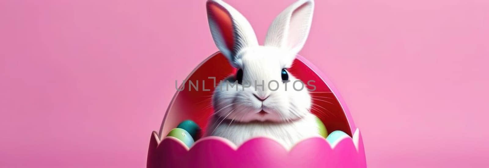 Happy Easter banner with cute Easter bunny hatching from pink Easter egg on pastel pink background. Illustration of Easter rabbit sitting in cracked eggshell. Happy Easter greeting card. Copy space