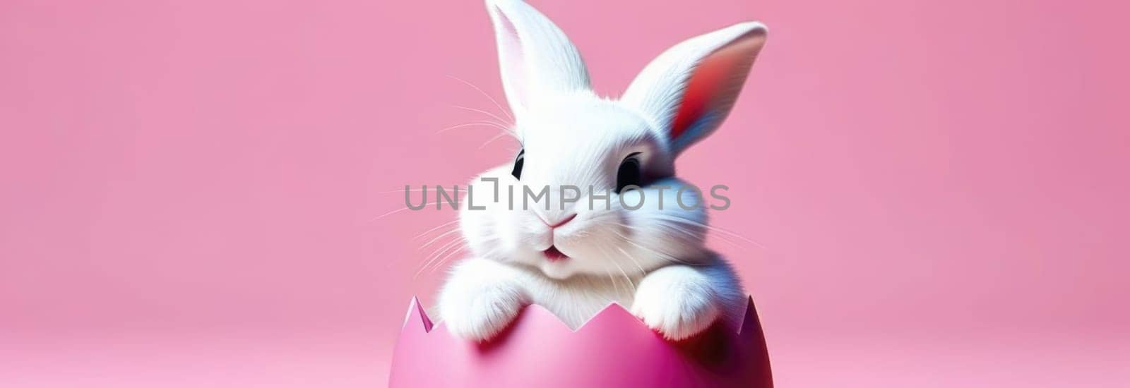 Happy Easter banner with cute Easter bunny hatching from pink Easter egg on pastel pink background. Illustration of Easter rabbit sitting in cracked eggshell. Happy Easter greeting card. Copy space