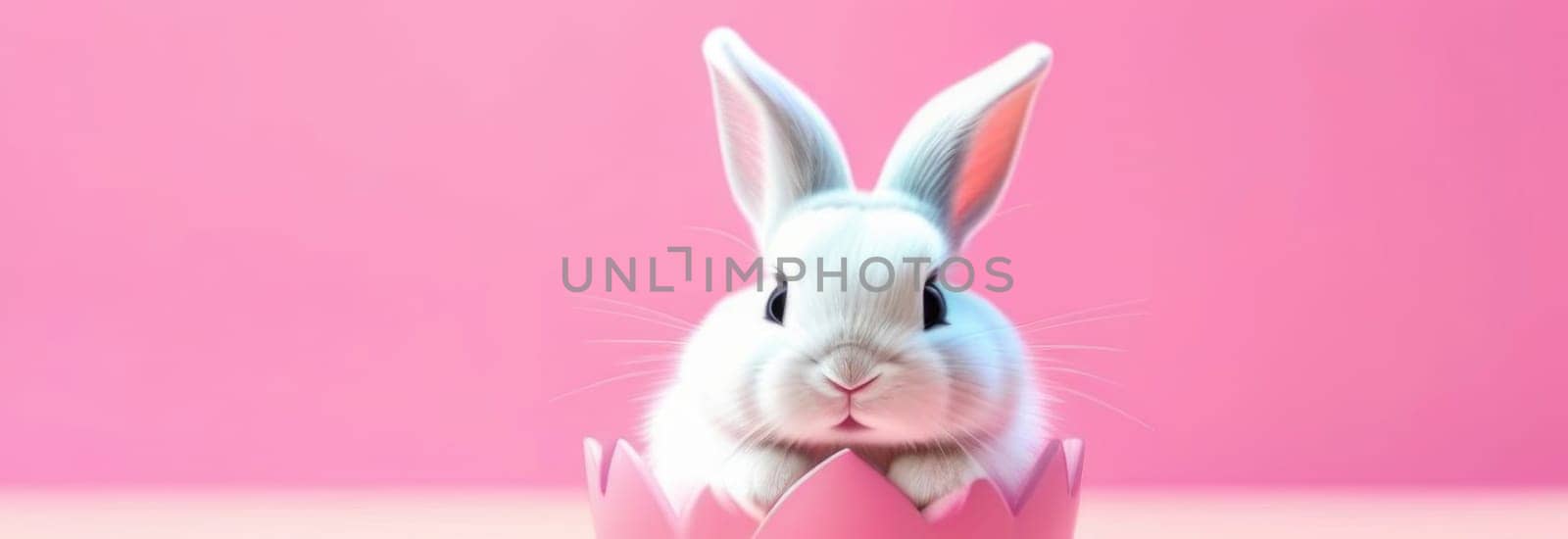 Happy Easter banner with cute Easter bunny hatching from pink Easter egg on pastel pink background. Illustration of Easter rabbit sitting in cracked eggshell. Happy Easter greeting card. Copy space