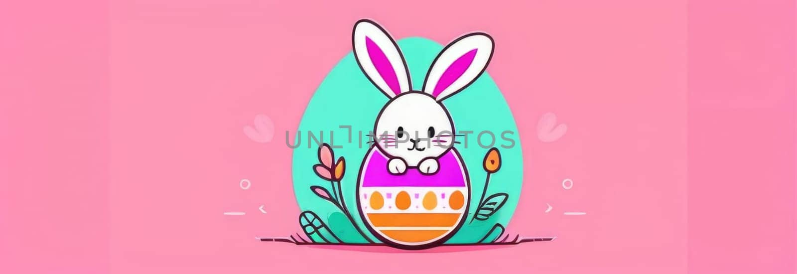 Happy Easter banner with cute Easter bunny hatching from pink Easter egg on pastel pink background. Illustration of Easter rabbit sitting in cracked eggshell. Happy Easter greeting card. Copy space