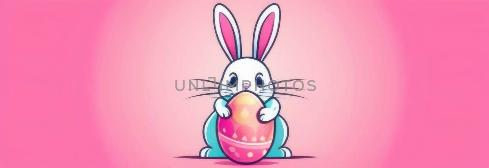 Happy Easter banner with cute Easter bunny hatching from pink Easter egg on pastel pink background. Illustration of Easter rabbit sitting in cracked eggshell. Happy Easter greeting card. Copy space