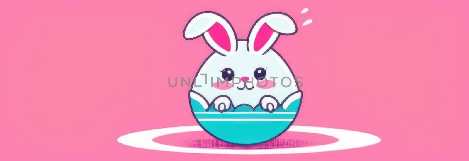 Happy Easter banner with cute Easter bunny hatching from pink Easter egg on pastel pink background. Illustration of Easter rabbit sitting in cracked eggshell. Happy Easter greeting card. Copy space