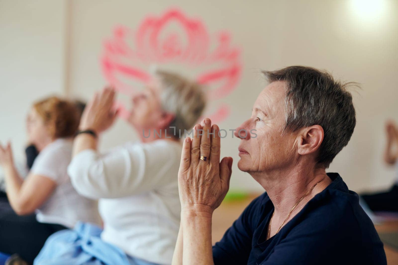 A group of senior women engage in various yoga exercises, including neck, back, and leg stretches, under the guidance of a trainer in a sunlit space, promoting well-being and harmony.