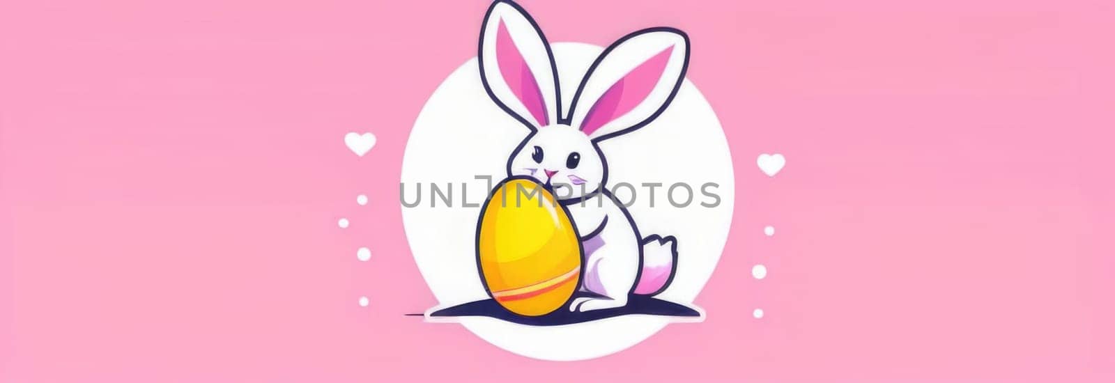 Happy Easter banner with cute Easter bunny hatching from pink Easter egg on pastel pink background. Illustration of Easter rabbit sitting in cracked eggshell. Happy Easter greeting card. Copy space