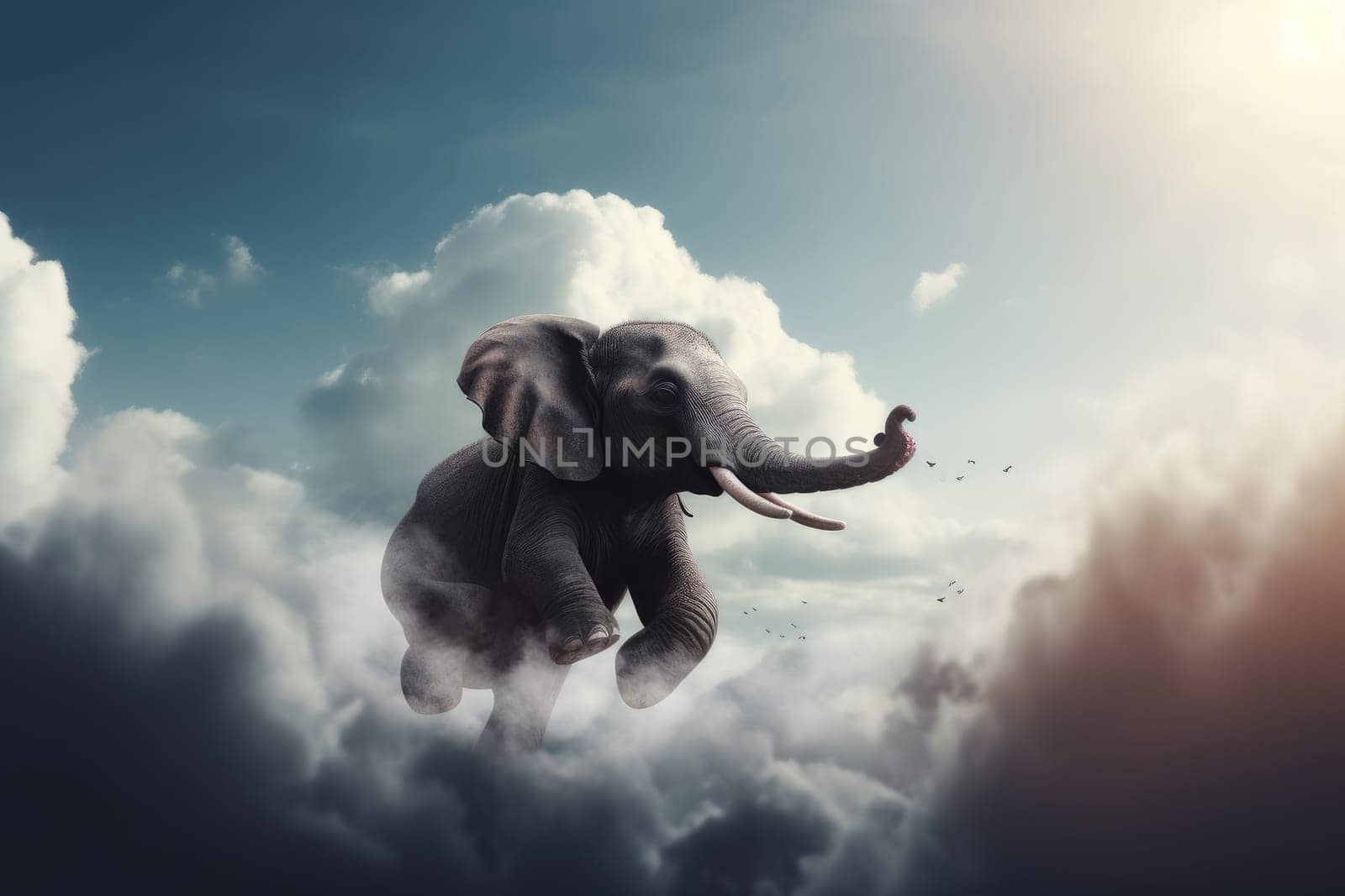 Baby elephant in clouds. Cute animal love. Generate Ai