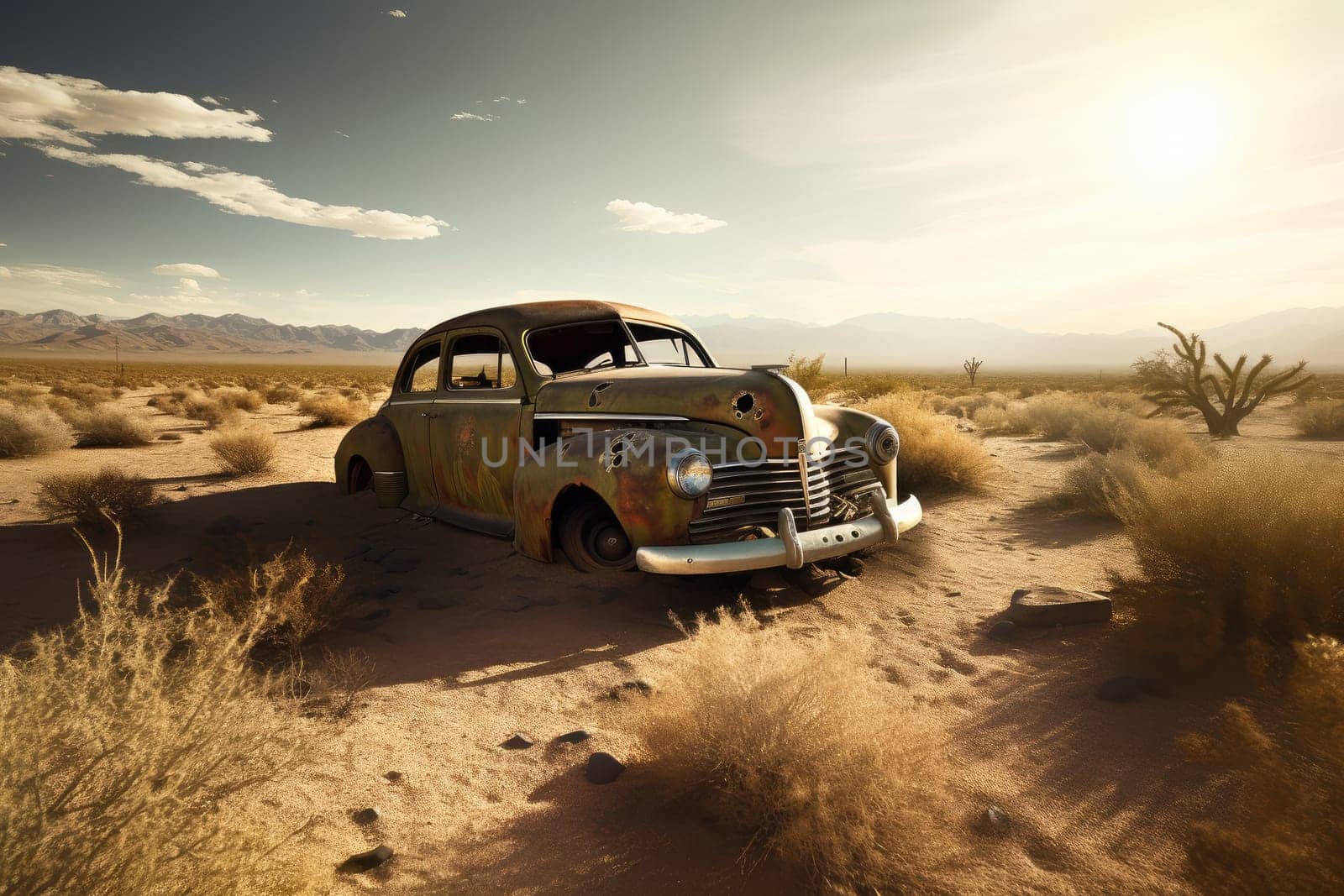 Abandoned old car in desert. Old automobile. Generate Ai
