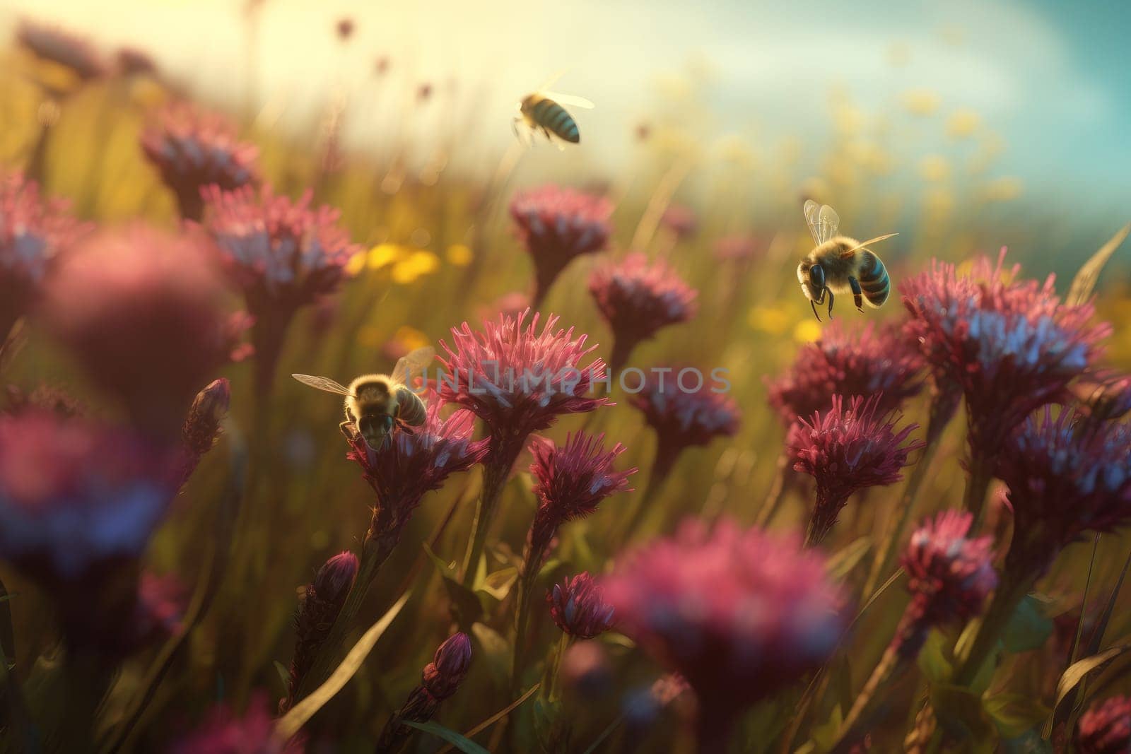 Bees on flowers field. Summer nature. Generate Ai
