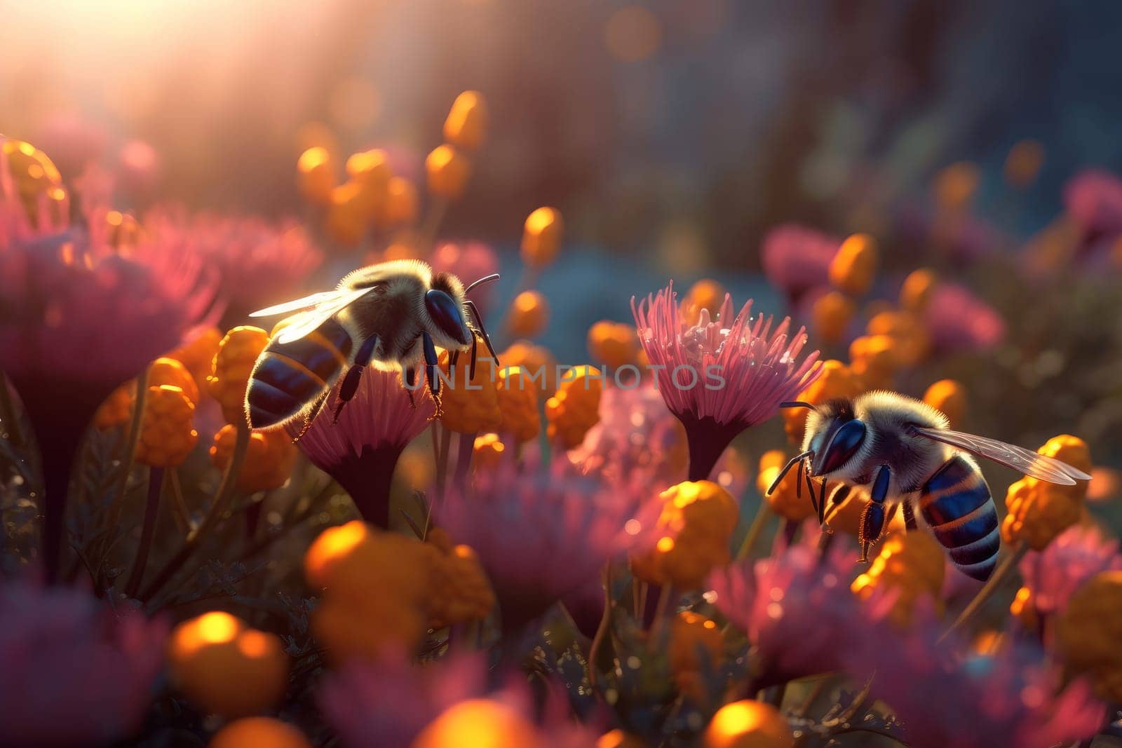 Bees on summer field. Nature flowers. Generate AI