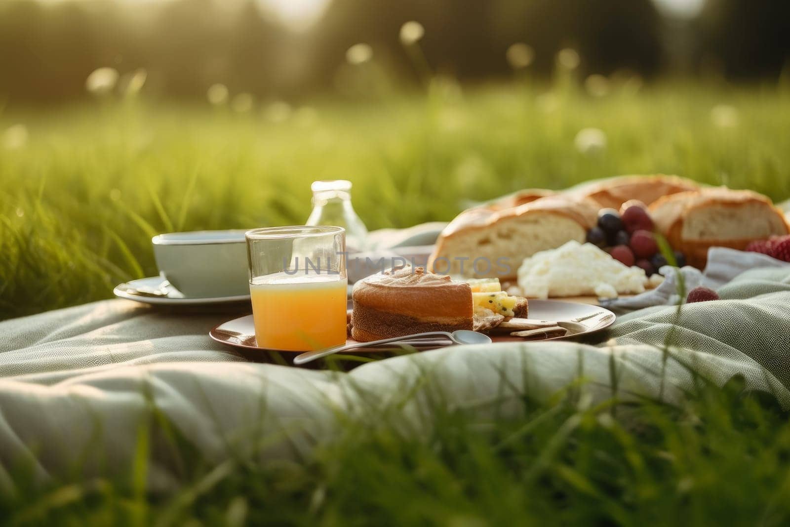 Breakfast on grass with fresh juice. Delicious meal. Generate Ai