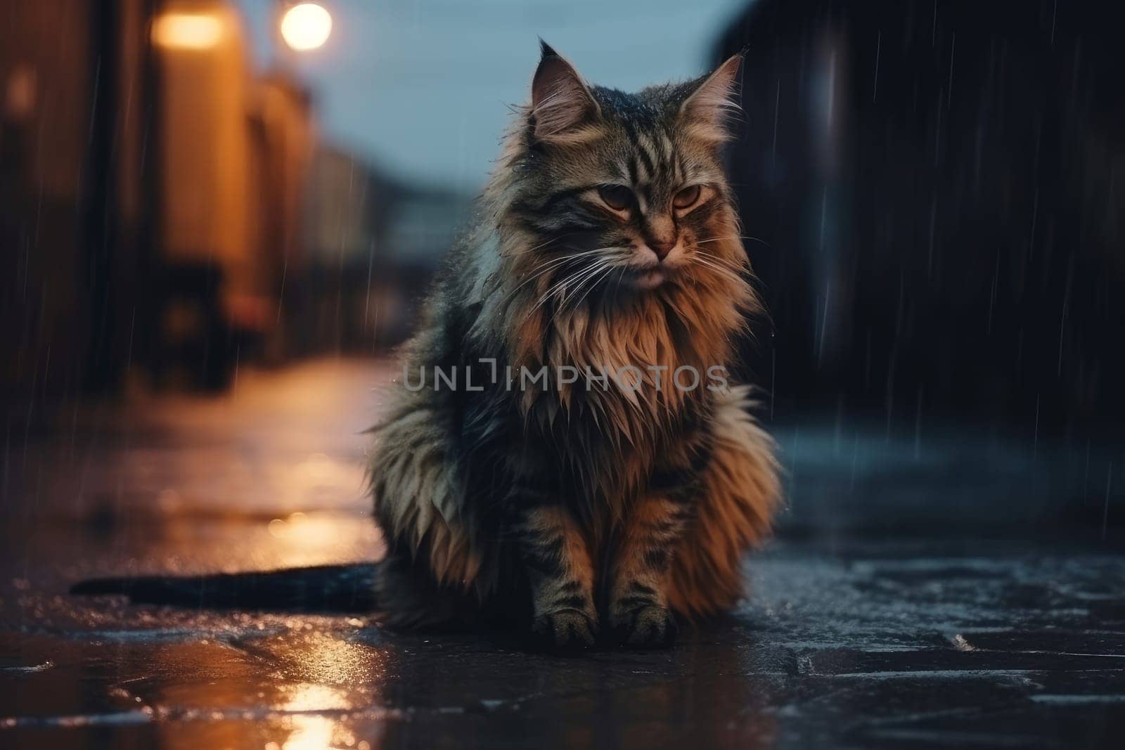 Cat in evening rain street. Generate Ai by ylivdesign
