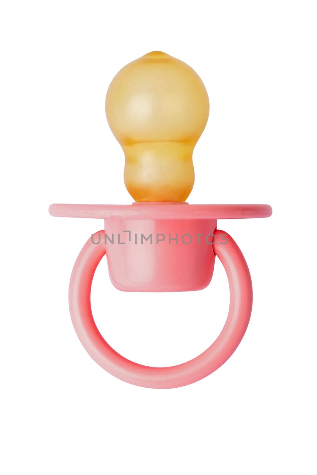 Orthodontic pacifier isolated on white. Pink baby pacifier on white background by andreyz