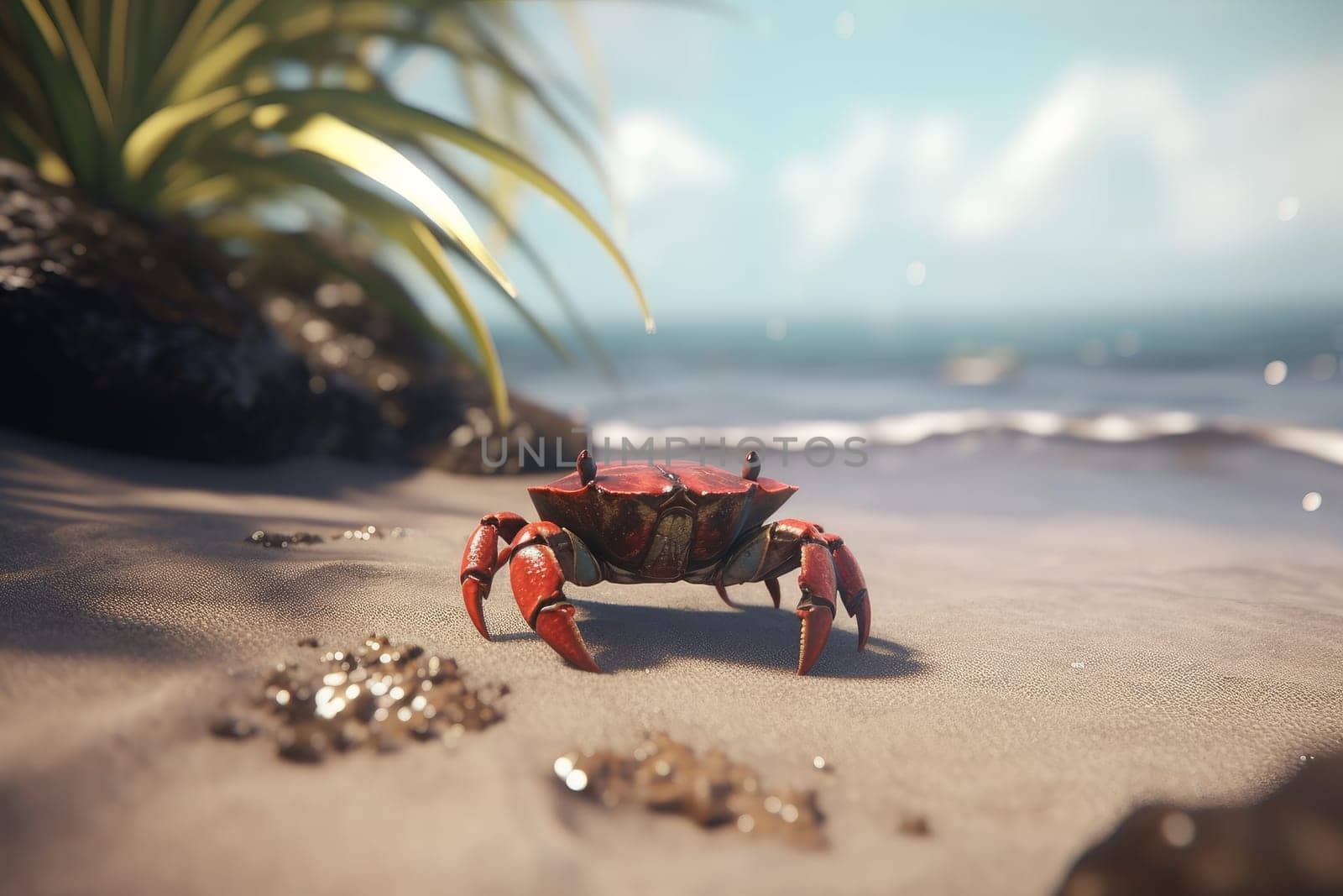 Crab on tropical hot sand. Generate Ai by ylivdesign