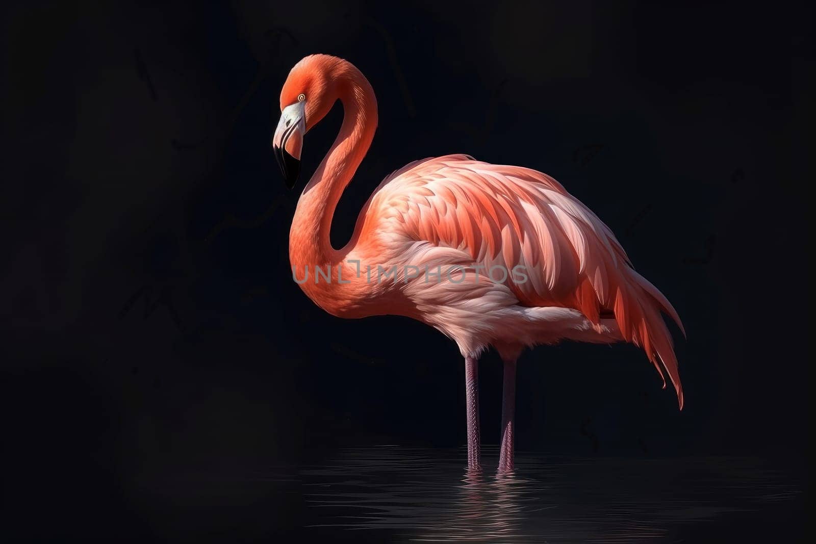 Cute flamingo on black background. Exotic wild. Generate Ai