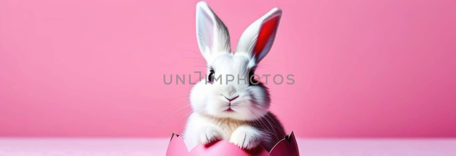 Happy Easter banner with cute Easter bunny hatching from pink Easter egg on pastel pink background. Illustration of Easter rabbit sitting in cracked eggshell. Happy Easter greeting card. Copy space