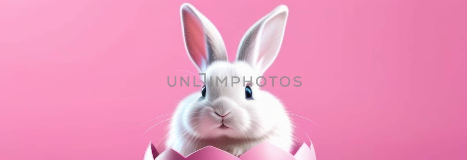 Happy Easter banner with cute Easter bunny hatching from pink Easter egg on pastel pink background. Illustration of Easter rabbit sitting in cracked eggshell. Happy Easter greeting card. Copy space