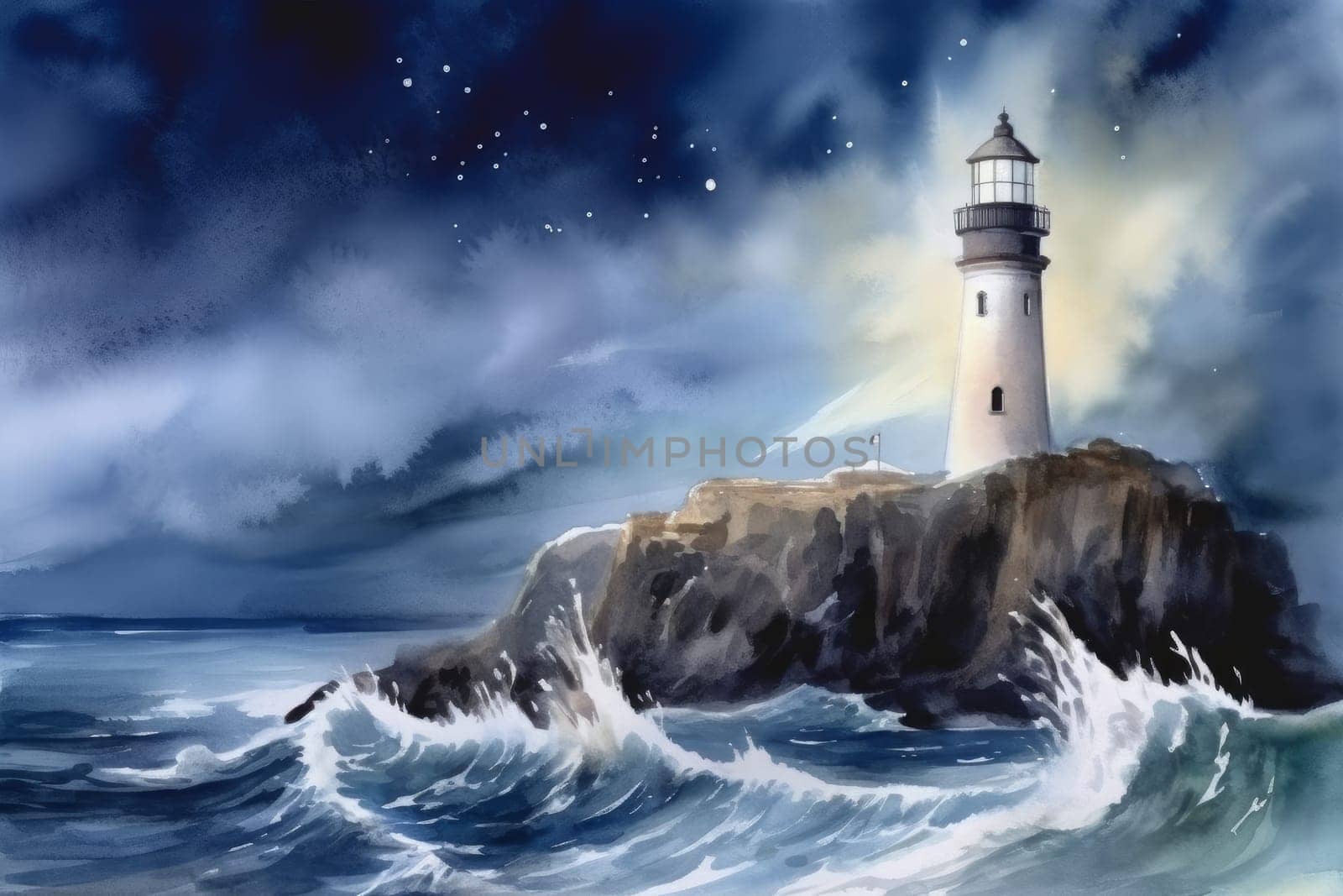 Illuminated lighthouse in night. Nature beach sky. Generate Ai