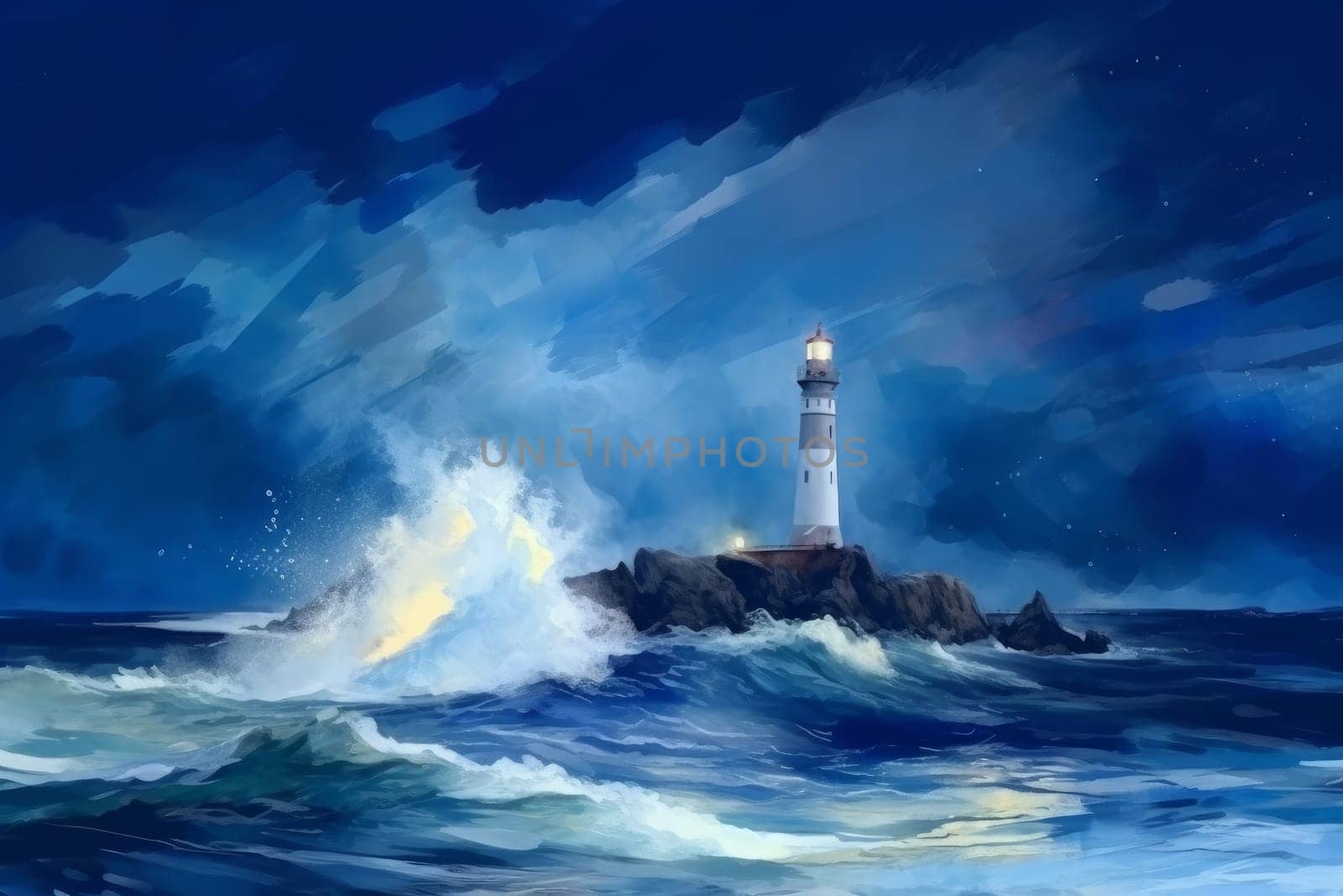 Illuminated lighthouse on storm coast. People nature. Generate Ai