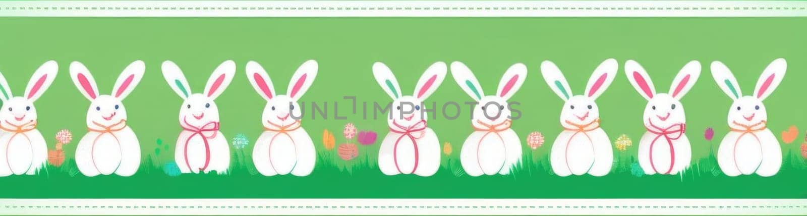 Holiday celebration banner of cute Easter decorated eggs cute Easter bunnys. Illustration of Easter rabbits, eggs on green background.Happy Easter greeting card, banner, festive background. Copy space