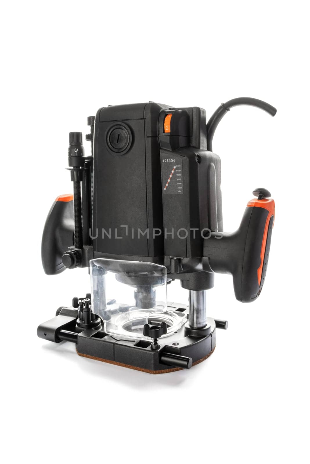 Portable black electric wood router machine isolated on white background. Carpentry construction diy concept