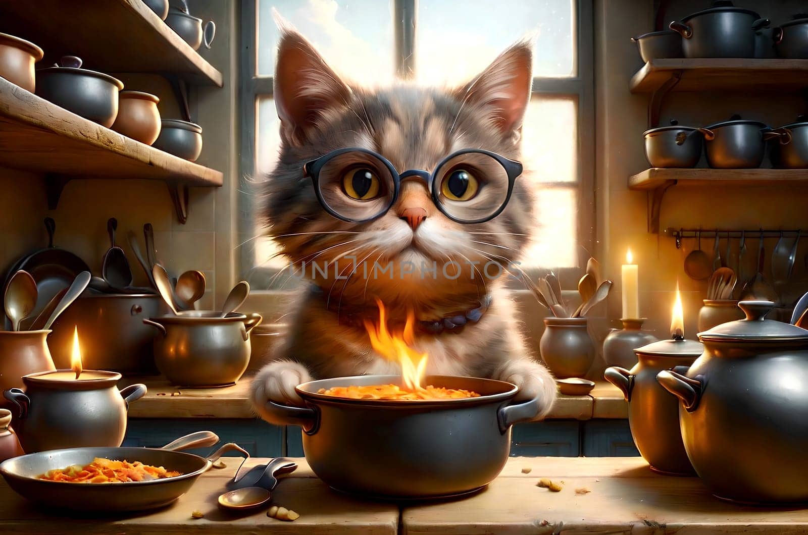 housewife cat in the kitchen preparing food. Image generated by AI.