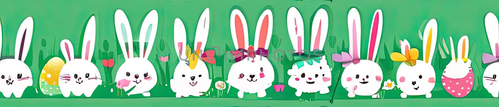 Holiday celebration banner of cute Easter decorated eggs cute Easter bunnys. Illustration of Easter rabbits, eggs on green background.Happy Easter greeting card, banner, festive background. Copy space