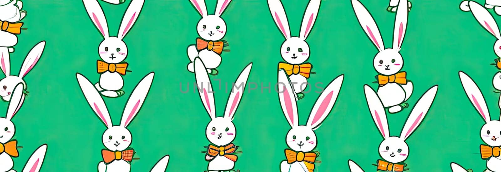 Holiday celebration banner of cute Easter decorated eggs cute Easter bunnys. Illustration of Easter rabbits, eggs on green background.Happy Easter greeting card, banner, festive background. Copy space