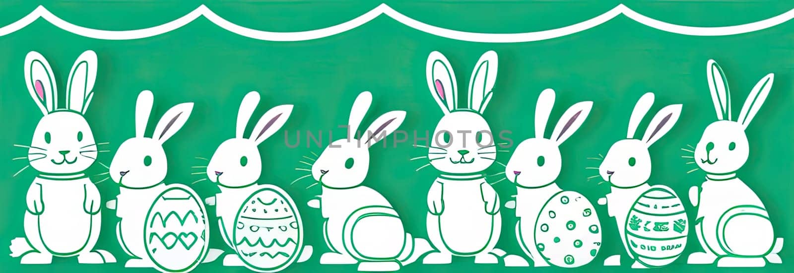 Holiday celebration banner of cute Easter decorated eggs cute Easter bunnys. Illustration of Easter rabbits, eggs on green background.Happy Easter greeting card, banner, festive background. Copy space