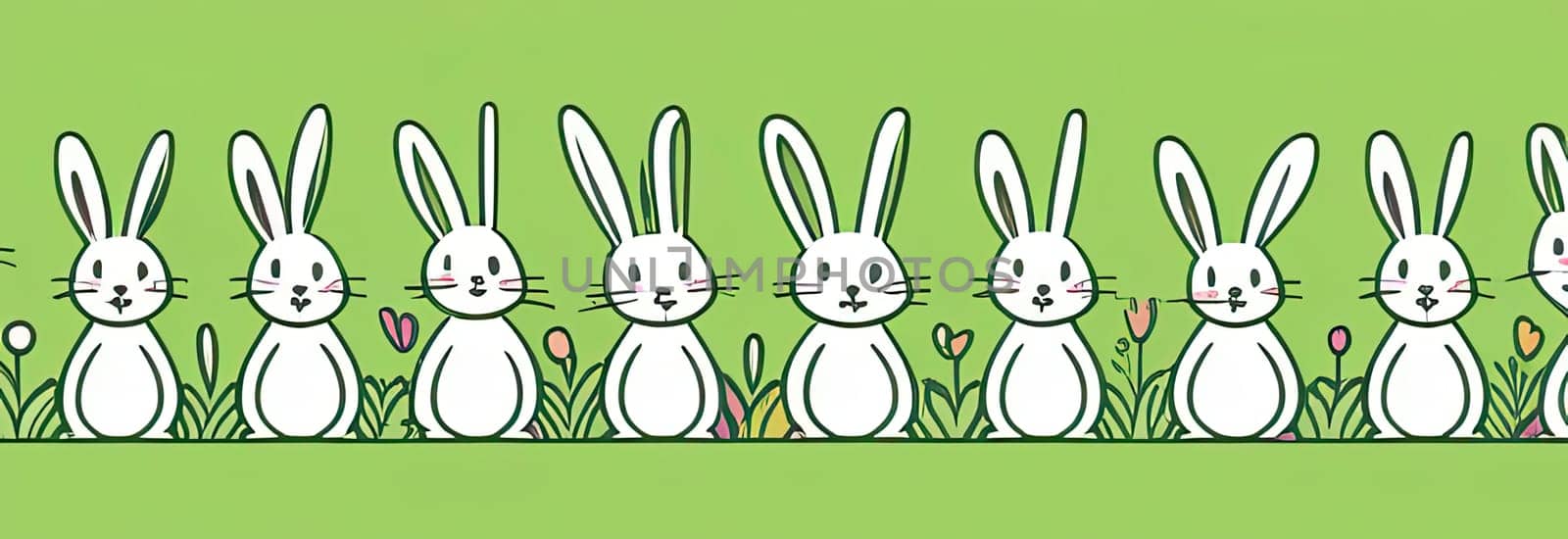 Holiday celebration banner of cute Easter decorated eggs cute Easter bunnys. Illustration of Easter rabbits, eggs on green background.Happy Easter greeting card, banner, festive background. Copy space