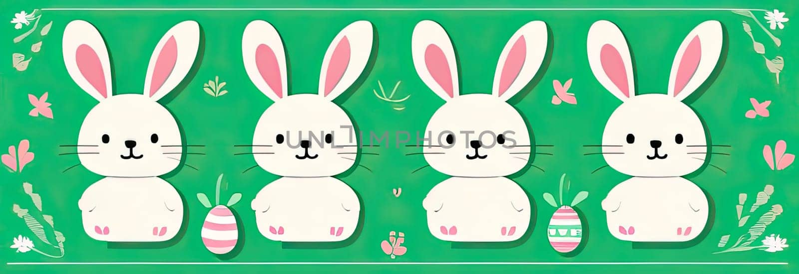 Holiday celebration banner of cute Easter decorated eggs cute Easter bunnys. Illustration of Easter rabbits, eggs on green background.Happy Easter greeting card, banner, festive background. Copy space