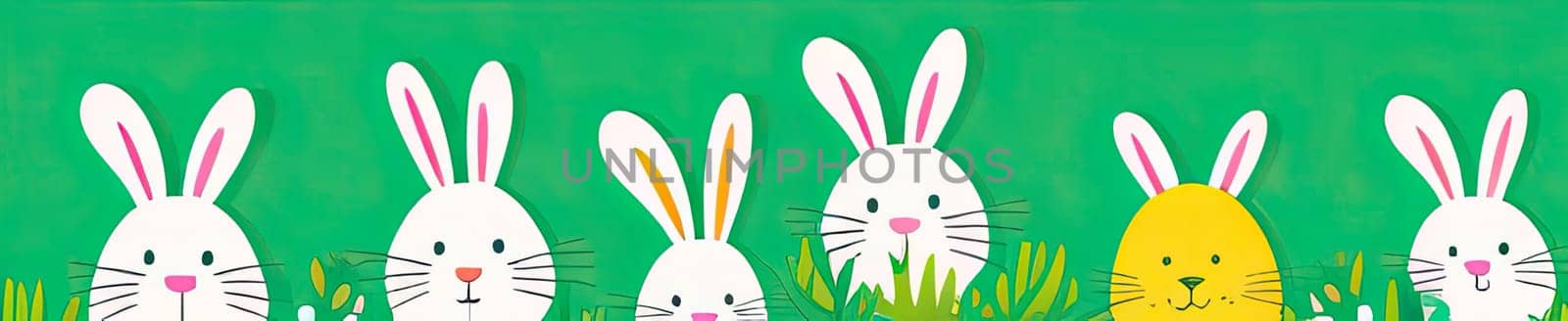 Holiday celebration banner of cute Easter decorated eggs cute Easter bunnys. Illustration of Easter rabbits, eggs on green background.Happy Easter greeting card, banner, festive background. Copy space