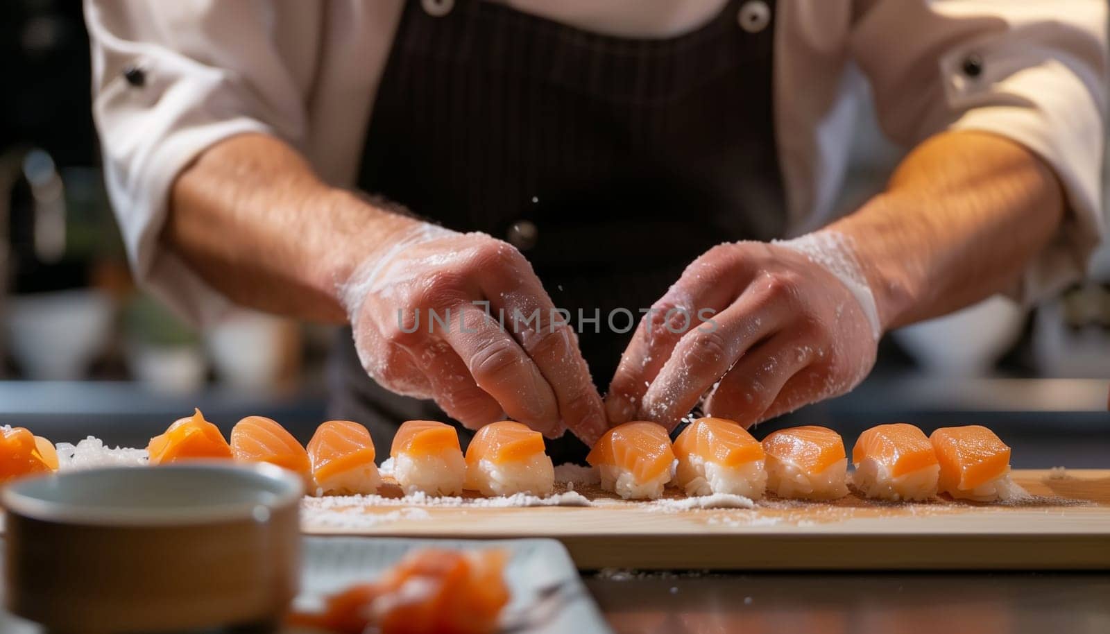 Chef hands cooking nigiri sushi. by sarymsakov