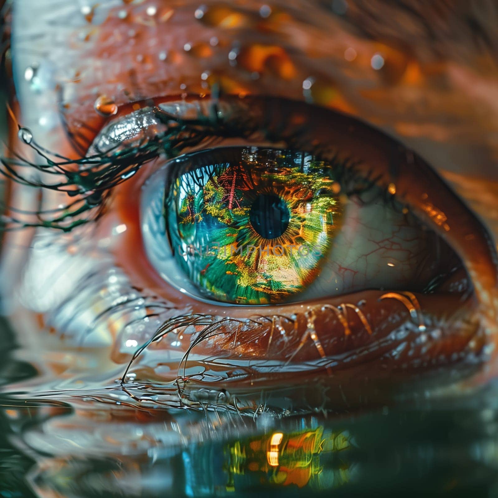 Blue human eye extreme macro shot, vivid colors, nature, refraction of light, lake in the eye or reflection of the jungle on the water