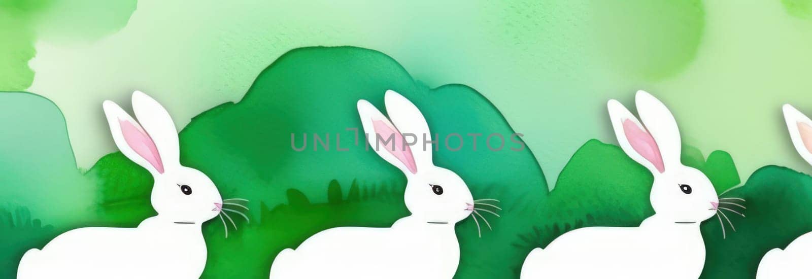 Holiday celebration banner of cute Easter decorated eggs cute Easter bunnys. Illustration of Easter rabbits, eggs on green background.Happy Easter greeting card, banner, festive background. Copy space