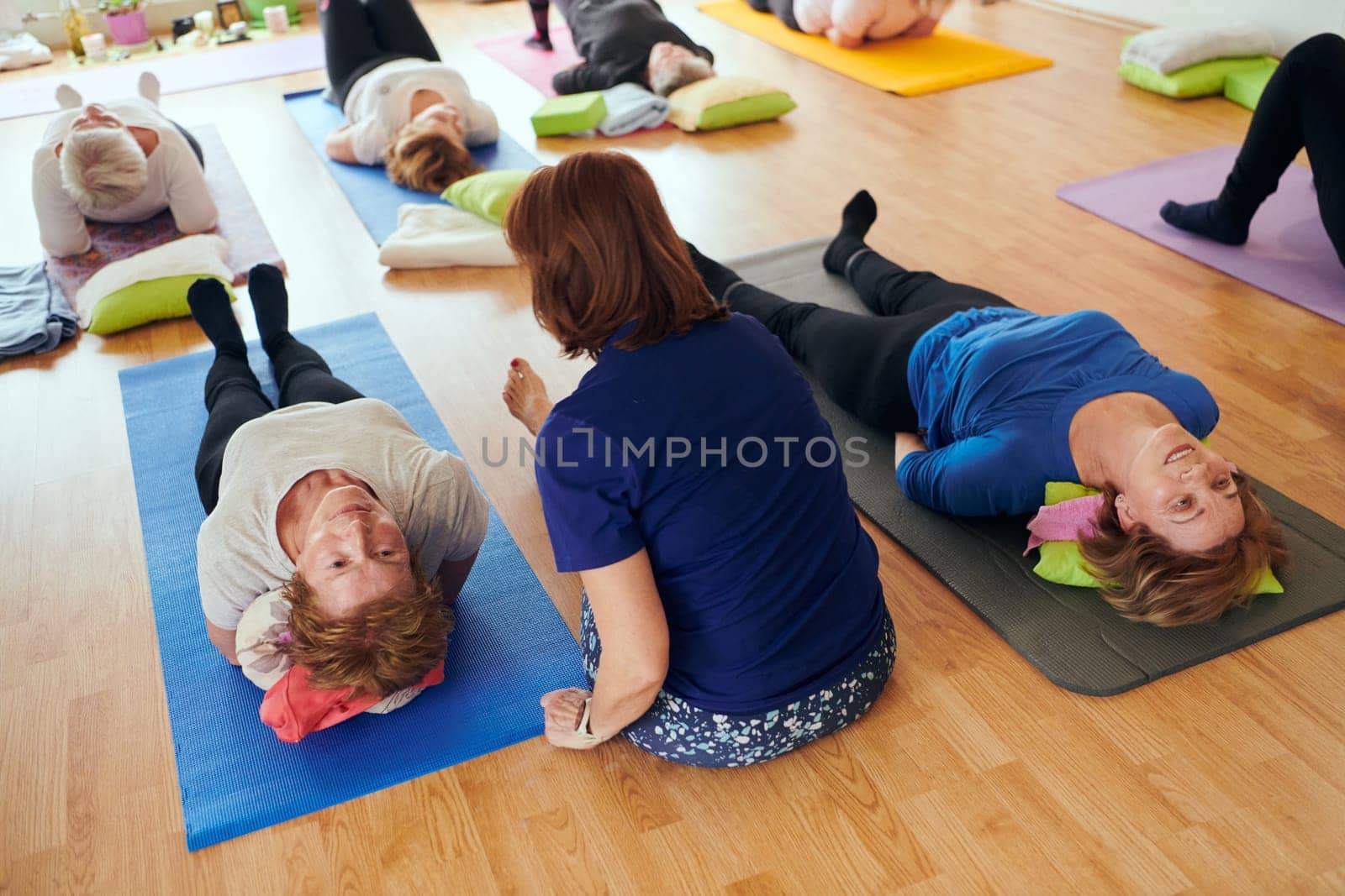 A group of senior women engage in various yoga exercises, including neck, back, and leg stretches, under the guidance of a trainer in a sunlit space, promoting well-being and harmony.