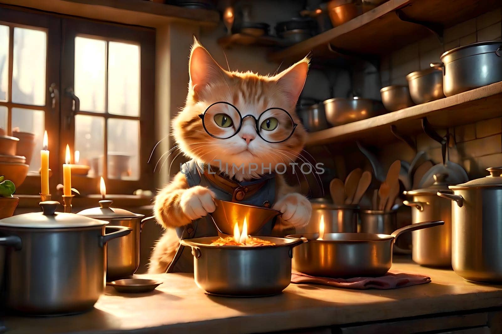 housewife cat in the kitchen preparing food. Image generated by AI.