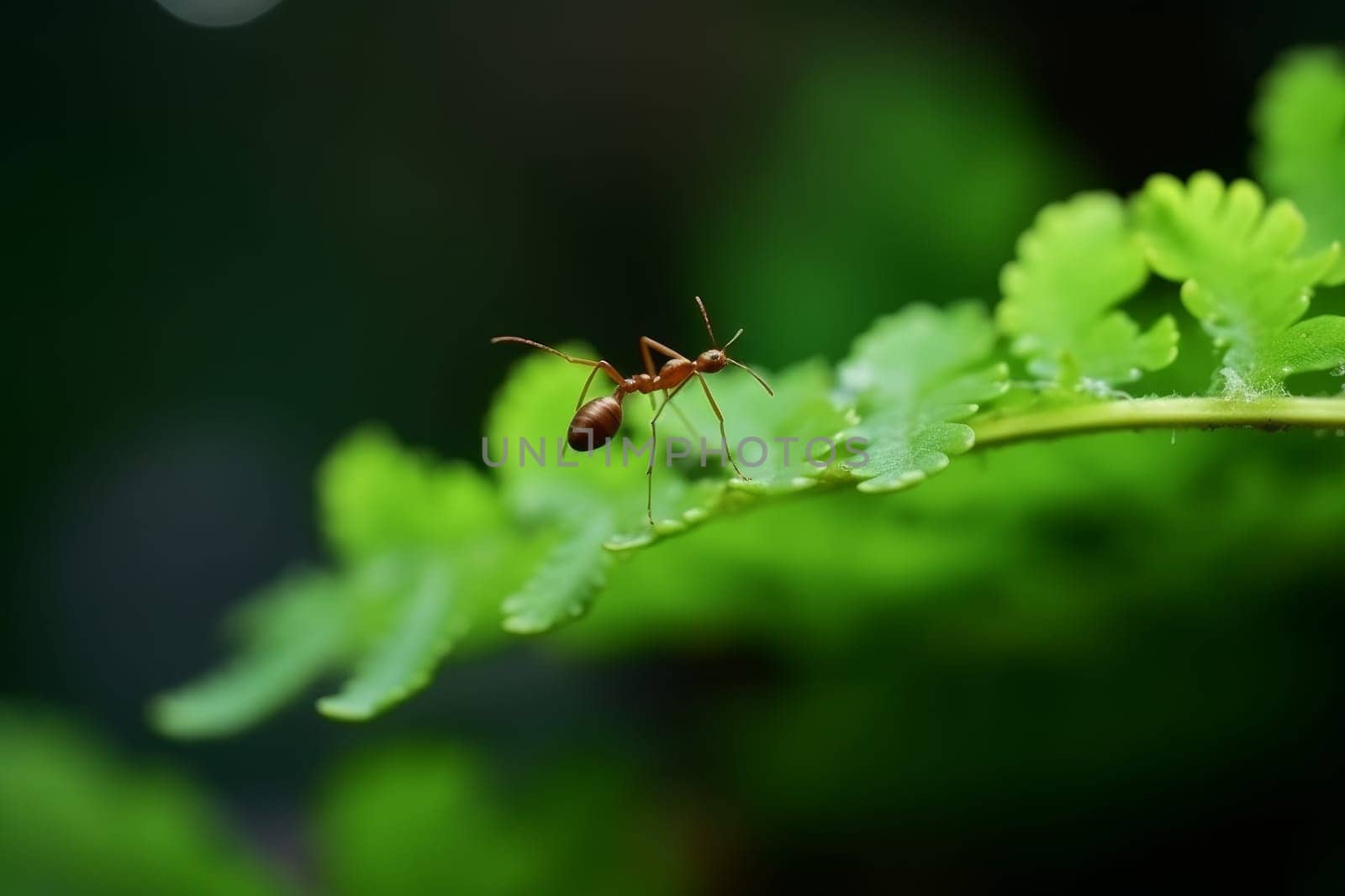 Cute ant on forest leaf. Natural macro photo. Generate Ai