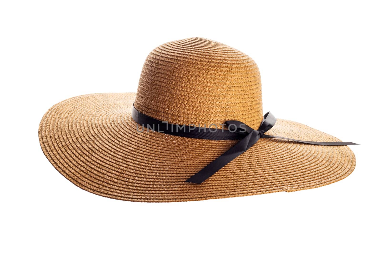 Womens summer yellow straw hat with black ribbon, isolated on white background.