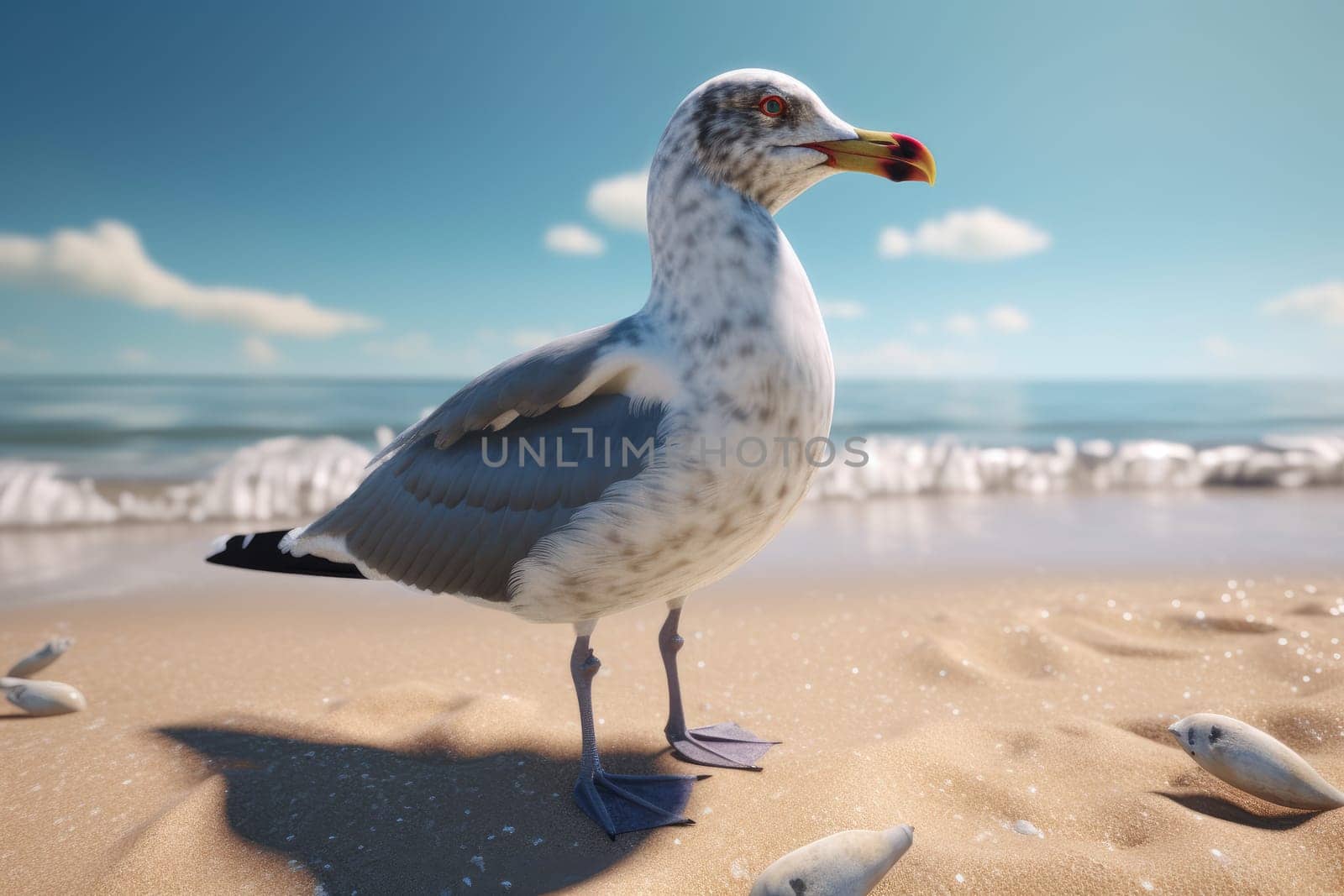 Seagull on sunny beach. Wild summer nature. Generate Ai
